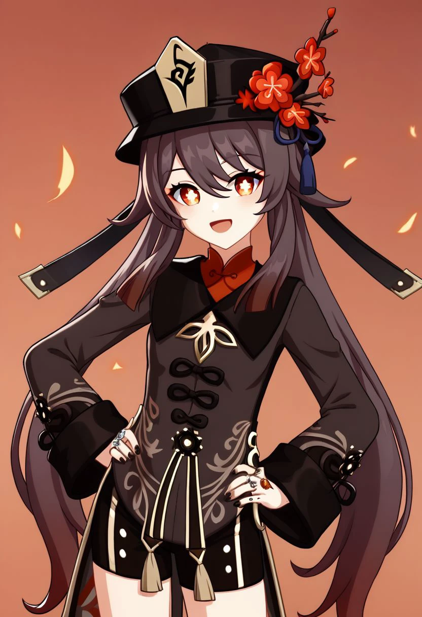 HuTao_DskFll, 1girl, solo, long hair, looking at viewer, smile, open mouth, brown hair, red eyes, long sleeves, hat, hair between eyes, twintails, jewelry, flower, :d, sidelocks, shorts, wide sleeves, hand on hip, symbol-shaped pupils, short shorts, black headwear, chinese clothes, black shorts, ring, black nails, red background, hat ornament, hat flower, hu tao (genshin impact)) , PonyXLV6_Scores