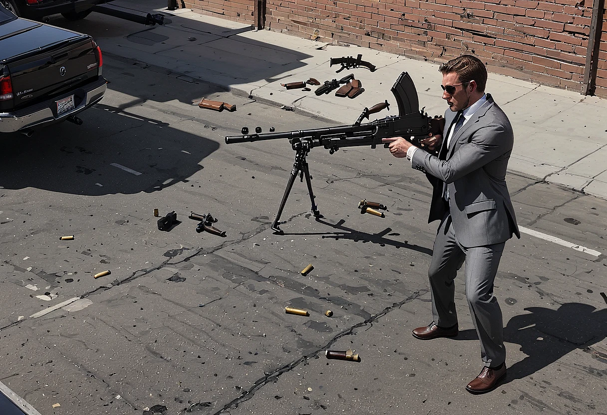 brenmk1, rifle, suit, Los Angeles, heist, shootout,