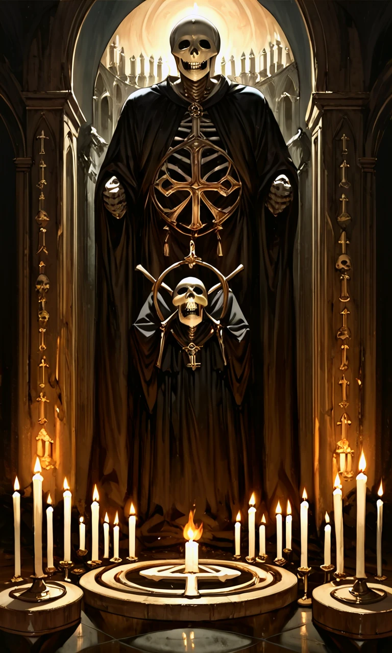 score_9, score_8_up, score_7_up, score_6_up, source_anime, BREAK, horror, dark theme, solo, holding, standing, fire, skull, robe, candle, skeleton, pillar, statue, candlestand