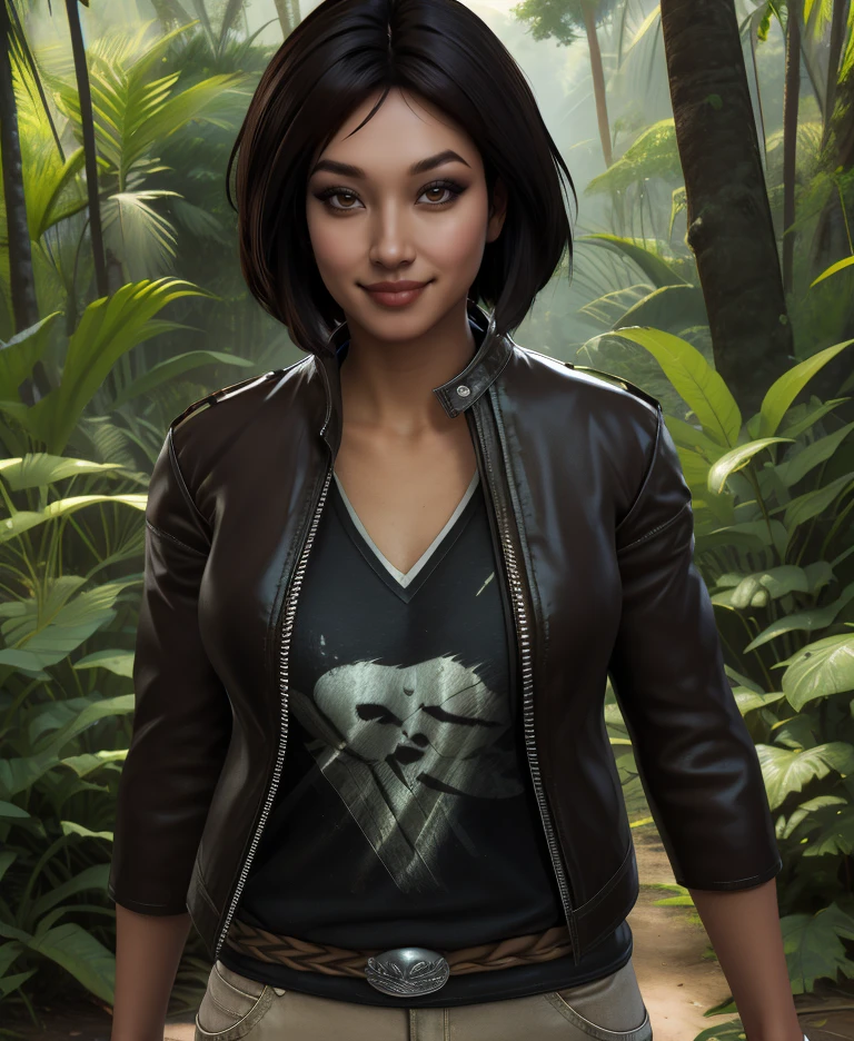 samantha,brown eyes,black hair,
shirt,leather jacket,belt,pants,looking at viewer,
light smile,standing, upper body,   
outdoors,jungle,temple,
(insanely detailed,  masterpiece, best quality),solo,<lora:samanthanishimura:0.9>,
