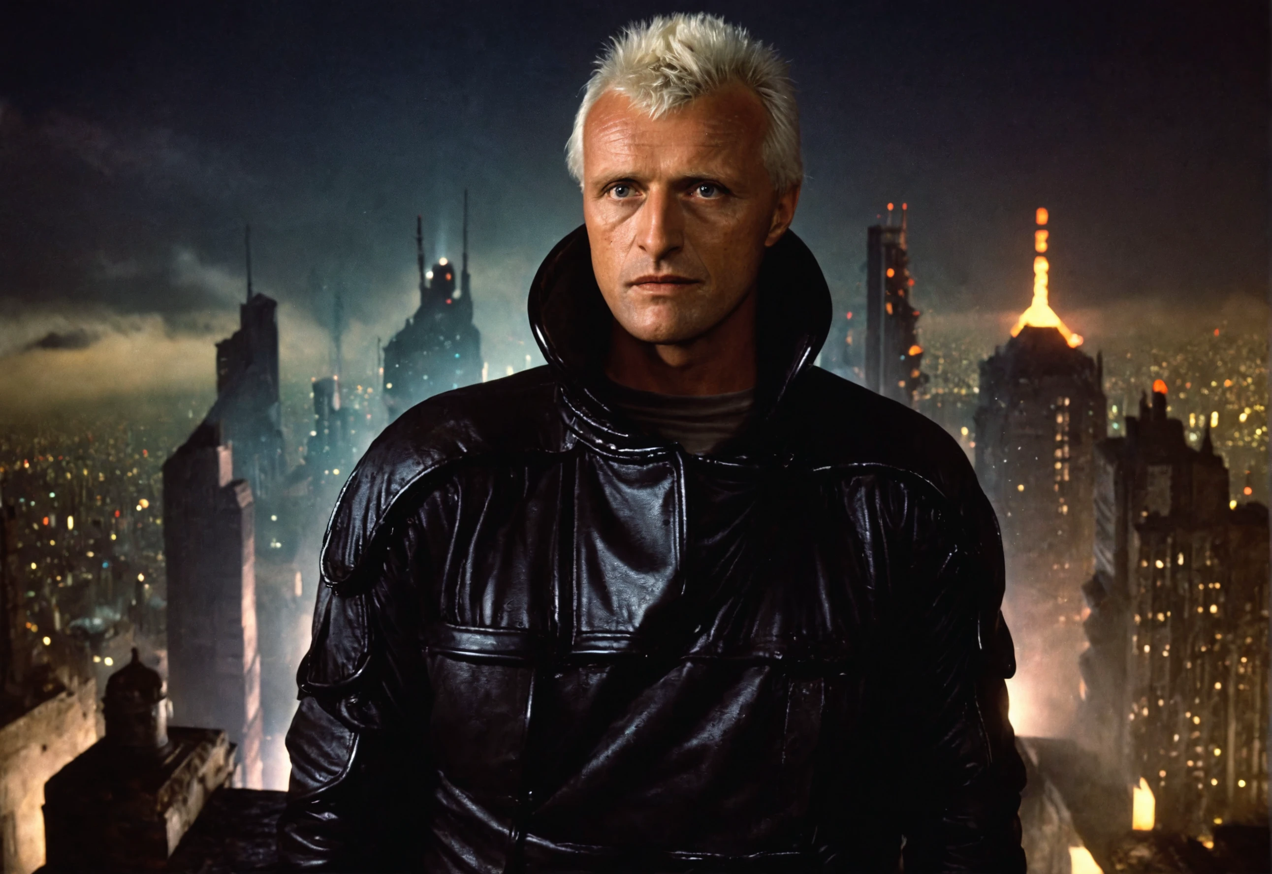 a photo of roy batty man wearing black jacket, in front of a cityscape, illuminated by a multitude of lights, The city is densely packed with buildings, some of which are tall and slender, while others are shorter and wider, The sky is dark, with a few clouds scattered across it, The overall atmosphere is one of a futuristic metropolis, possibly inspired by the Blade Runner series,