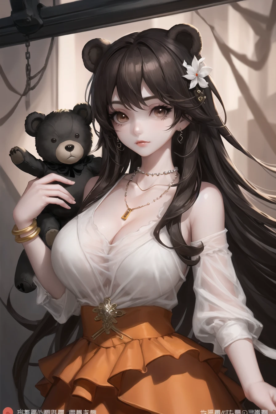 1girl, jewelry, necklace, long hair, dress, bear, weibo logo, weibo username, hair ornament, brown hair, upper body, black hair, breasts