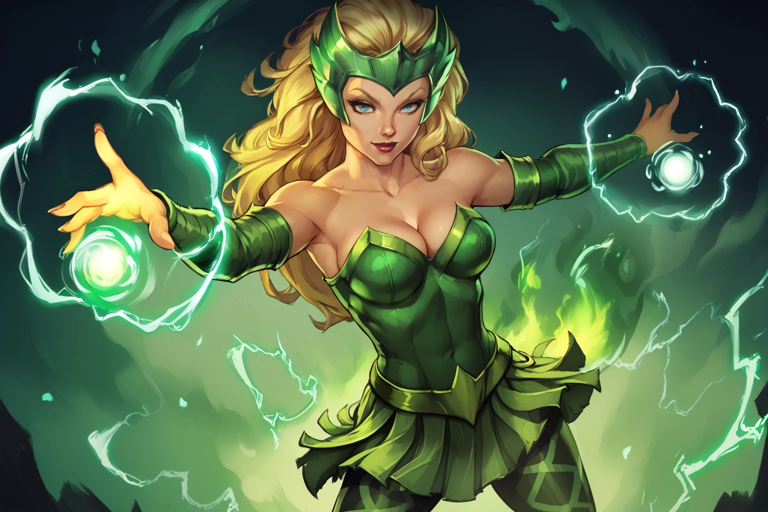 score_9, score_8_up, score_7_up, masterpiece, high quality, BREAK
 <lora:Amora the enchantressPonyLoRA:1>amoenchtress, long hair, headpiece, elbow gloves, bustier, bare shoulders, cleavage, belt, skirt, leggings, smile, magic, fire, electricity, glowing, aura, attack stance, casting,