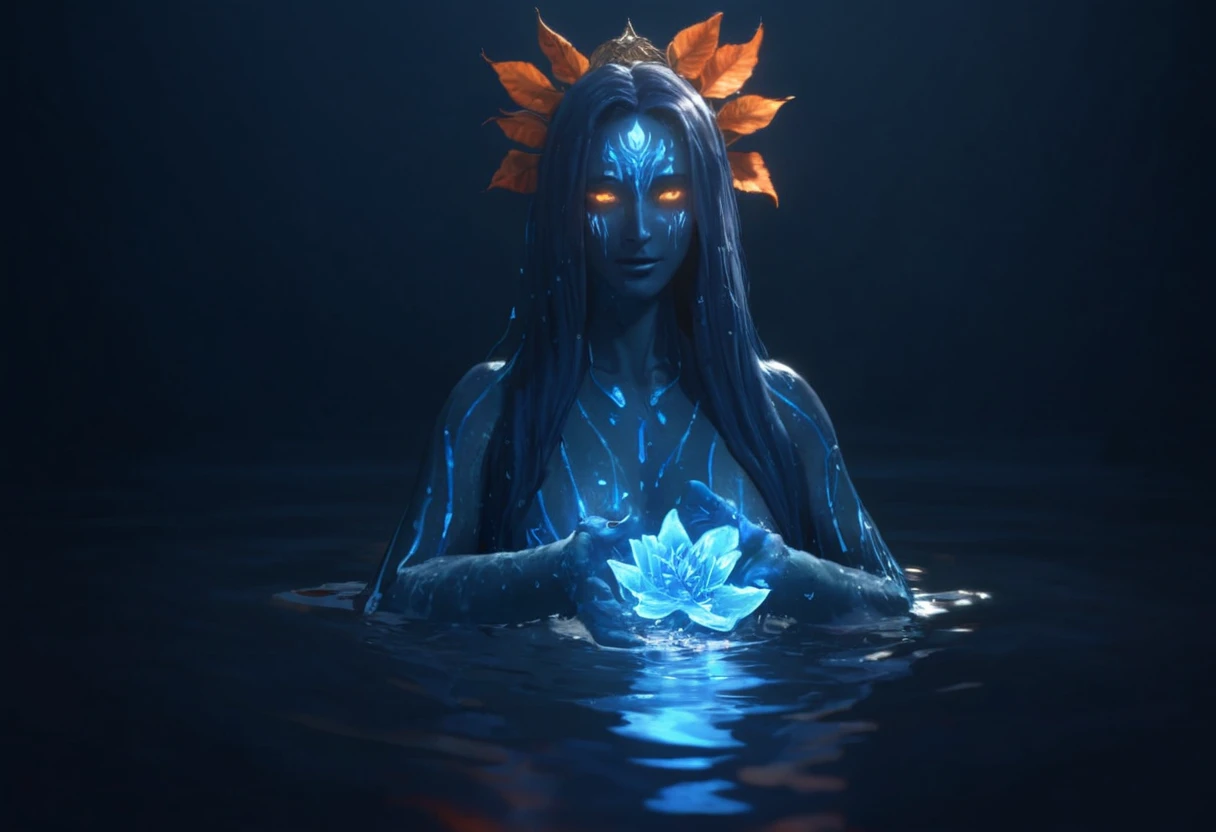 A 3D render of a water spirit with blue skin and orange eyes. She is wearing a headdress of leaves and flowers. She is holding a glowing blue flower in her hands. She is standing in a body of water with a dark background.  
extremely detailed, detailed facial features, photorealistic, complex lighting, ray tracing, global illumination, hard shadows, real-time, closeup,
 <lora:Manipulator:1.2>