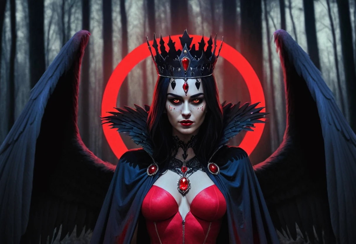 A photo manipulation of a queen, posed in a portrait style. She is wearing a black crown with red jewels. Her body is painted black and blue, and she has black wings and a red cape. She is standing in a forest with a glowing red circle behind her. 
detailed facial features, extremely detailed,
 <lora:Manipulator:1>