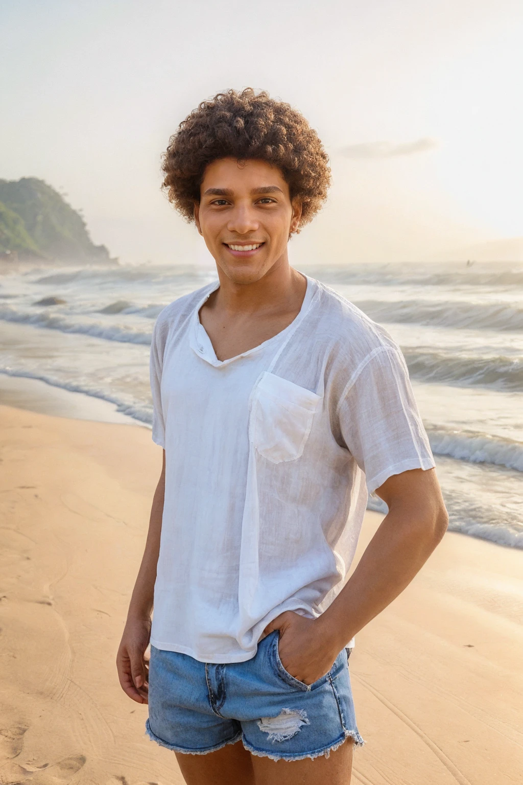 photo of ruanperson <lora:Ruan_epoch_8:1> , natural lighting, wearing linen shirt and (t-shirt) and kahki shorts on Brazilian beach, sand, waves, rocky outcrop, relaxed confident expression