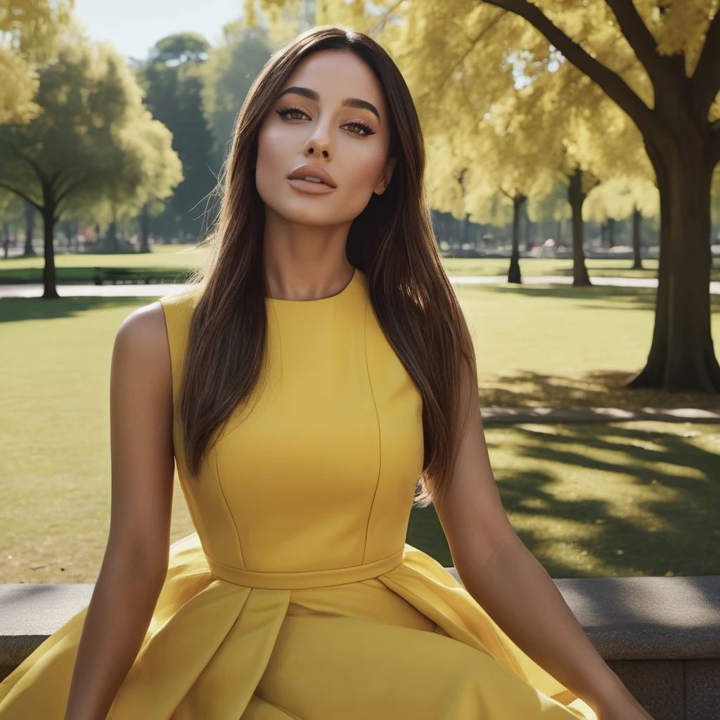 Hyperrealistic art close-up photo of a 4r14n4 a woman, wearing a yellow dress, sunny, at a park,  <lora:arijuu:.8> . Extremely high-resolution details, photographic, realism pushed to extreme, fine texture, incredibly lifelike