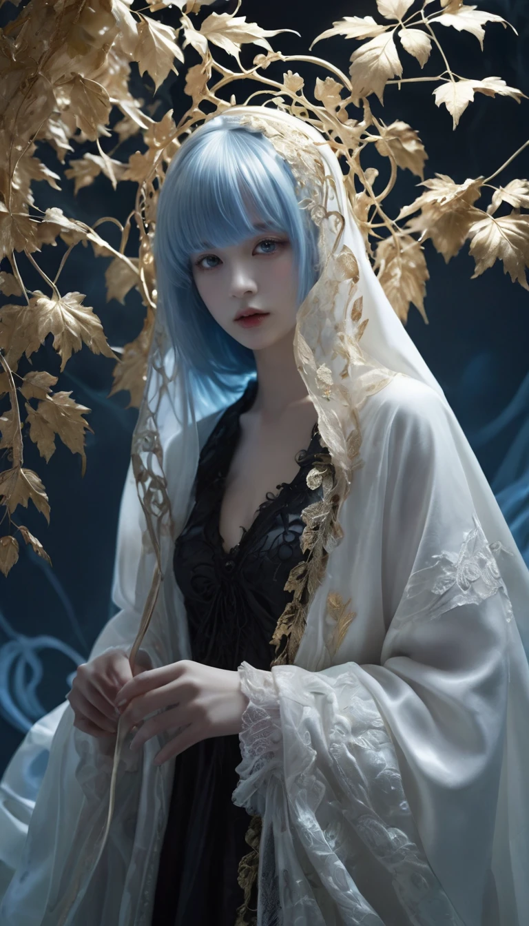Delicate girl,black eyes,flowers,glowing jewelry,rococo oil paintings,lace,powder wig,gauze and satin,embroidery and beads,feathers and flowers,bright ribbons,design,asymmetric design,mirrors,mural and ceiling paintings,color,gold,gold,tender,gorgeous,high,incredibly absurd,wallpaper,add detail,clarity enhancement,detail reinforcement,white cloaked figure shrouded in tendrils of black cloth,wielding glowing power in its hand,cinematic,concept art,digital painting,highly detailed,epic composition,
the art of photography,leaf,dappled light: light through leaves,a cold blue light from the moon,cool summer days,blue tones,1girl,blunt bangs,long hair,straight_hair,stylish_pose,white_marble_glowing_skin,concept clothing,garment draping,