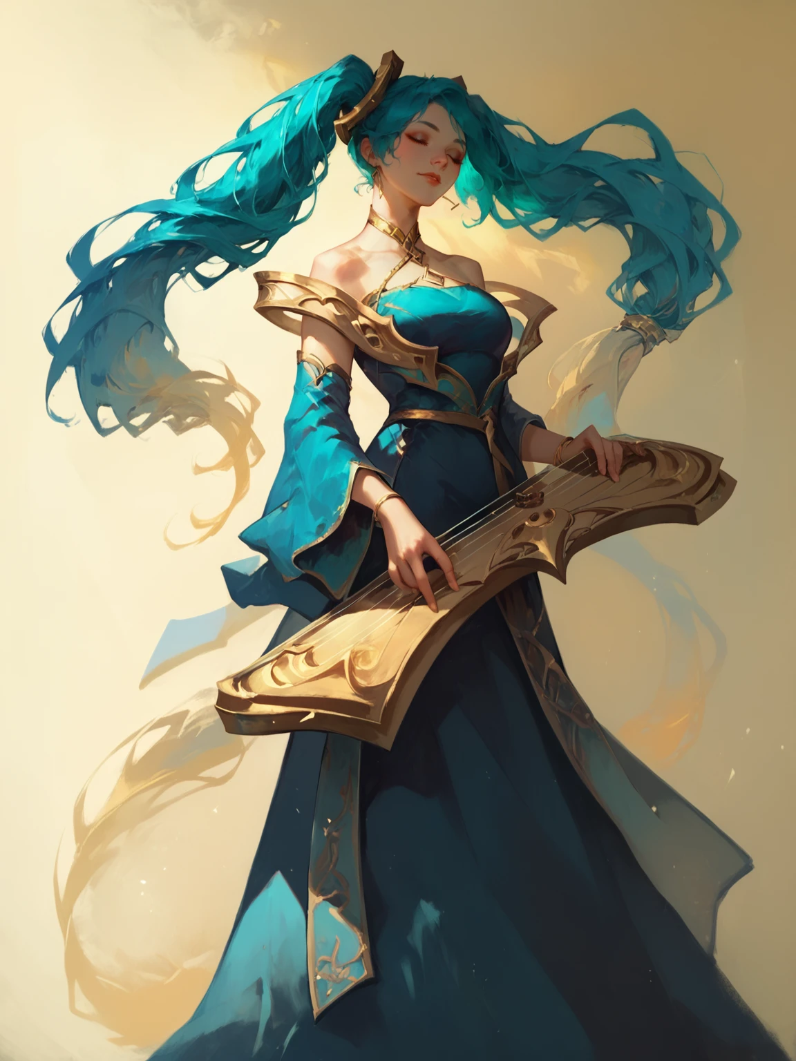 score_9, score_8_up, score_7_up, SonaNormal, 1girl, solo, golden hairpins, long turquoise hair, two tails hairstyle, long blue dress, stringed instrument, two colored hair, wodeipoi, night city scene, in the spotlight, <lora:SonaNormal:1> <lora:wodeipoi:1>