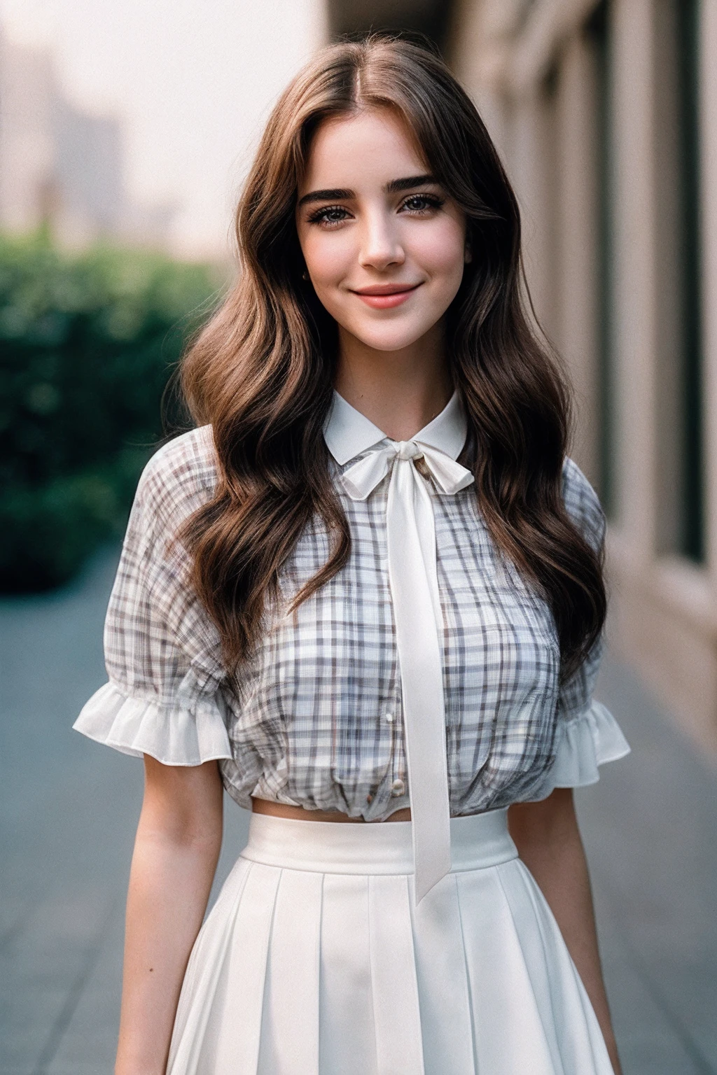 TaliaR_SoloTI_v1,
(happy,smile), (In a plaid skirt and white blouse, with a ribbon tie, for a classic and youthful look), ((A sunlit school courtyard, with friends gathered in groups, a cheerful and carefree atmosphere)), (seductive:1.3),(analog, cinematic, film grain, hazy atmosphere, cinematic shot:1.3),
 <lora:add_detail:0.6>, PA7_Portrait-MCU,