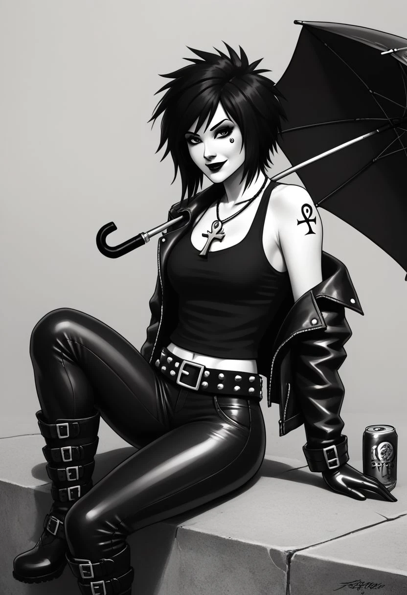 dsk_death, 1girl, umbrella, cross, solo, jewelry, gloves, , boots, sitting, makeup, short hair, smile, lipstick, black hair, gothic, parasol, jewelry, necklace, ankh necklace, nail polish, can, leather jacket, black tank top, tattoo, gloves, pants, midriff, vertical stripes, arm behind back, lipstick, belt, spiked hair, black boots, cleavage, greyscale, monochrome, BREAK zPDXL2