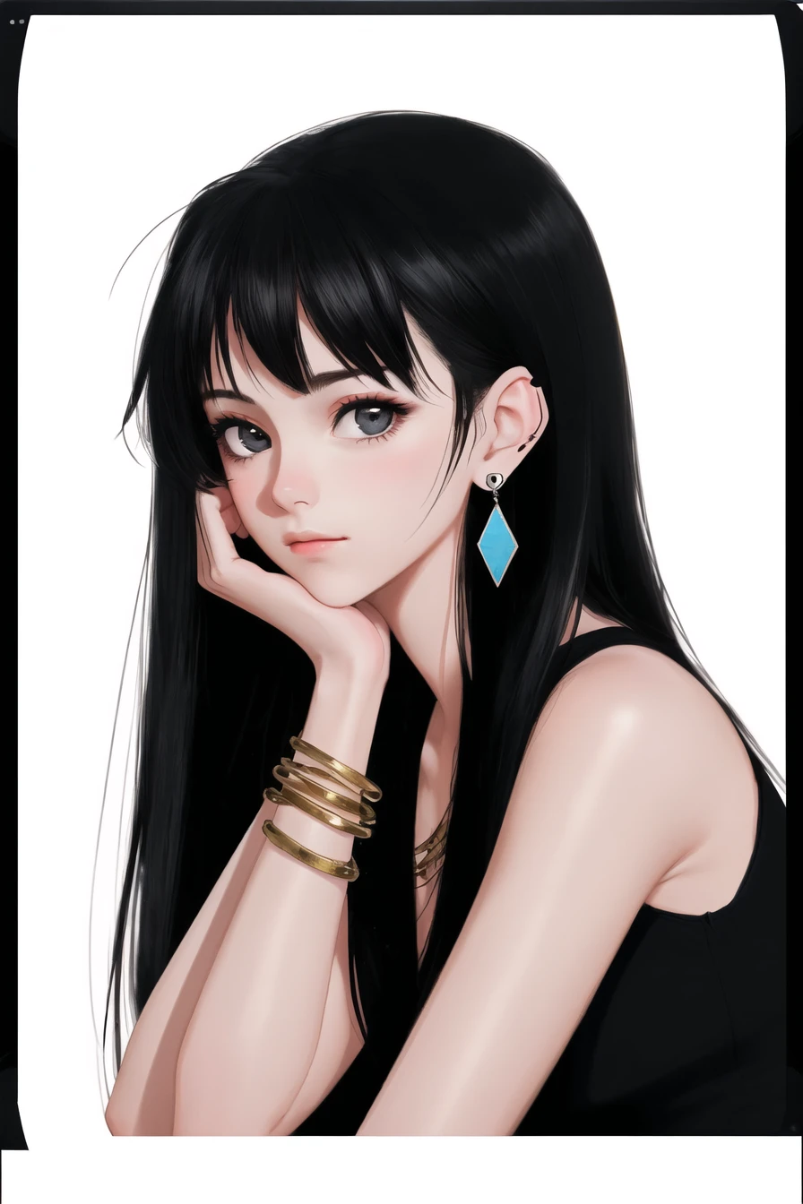 1girl,solo,jewelry,earrings,black hair,long hair,looking at viewer,white background,portrait,hand on own face,head rest,closed mouth,Polaroid art,