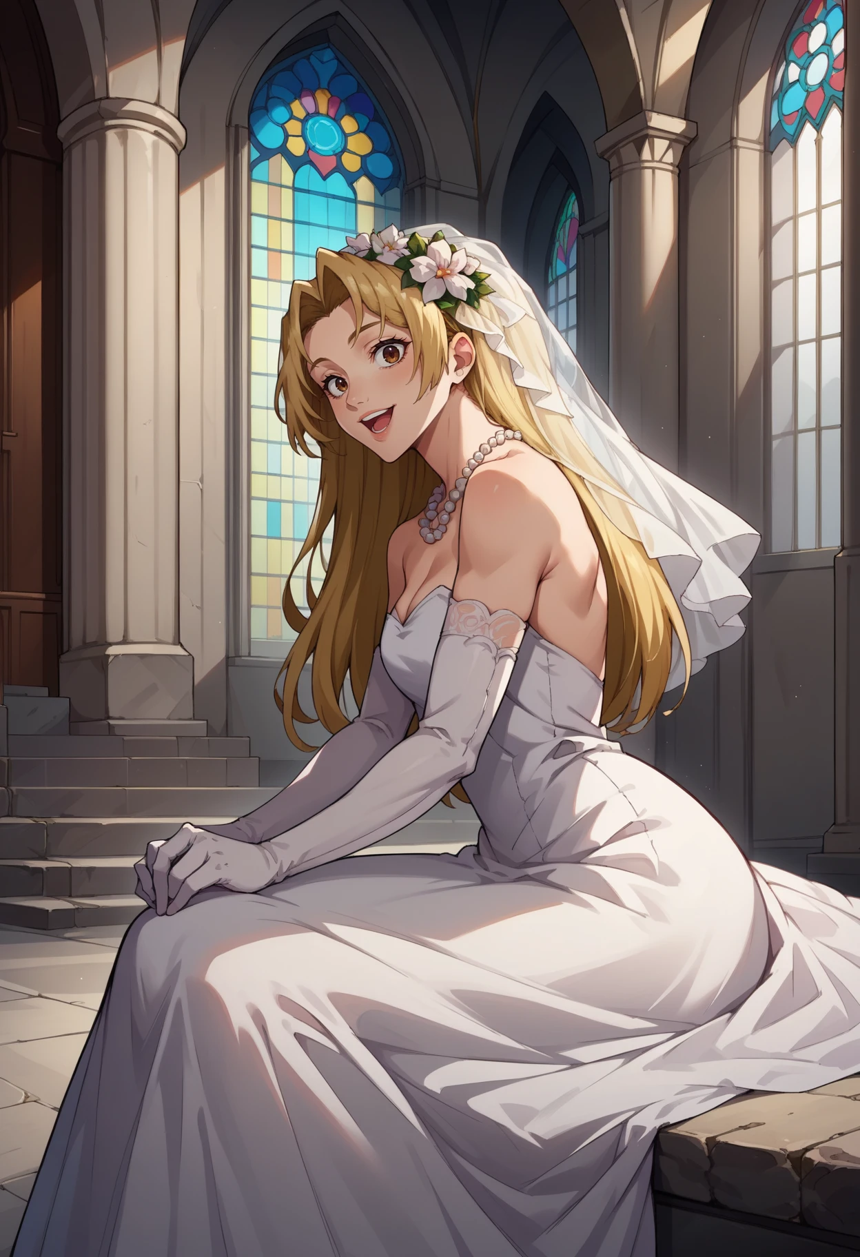 score_9, score_8_up,score_7_up, source_anime,1girl, solo, <lora:EPjjkTsukumoYuki:1>, EPjjkTsukumoYuki, long hair, blonde hair, brown eyes, parted bangs,  bride, wedding dress, bridal veil, white dress, hair ornament, white flower, pearl necklace, indoors, church, pillar, bush, sitting, from side, arm support, elbow gloves, white gloves, long dress, jewelry, arch, smile, open mouth