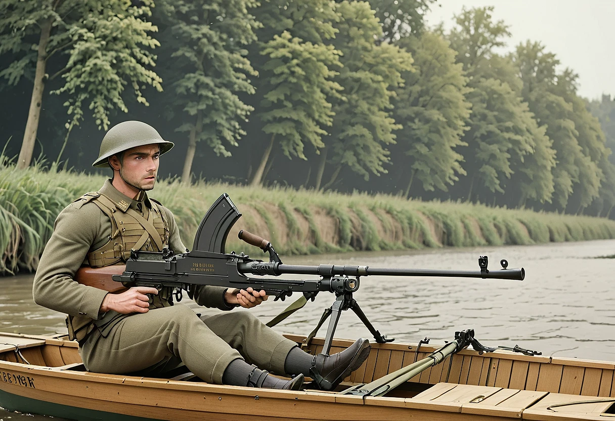 brenmk1, rifle, on a rowing boat, river, soldier,