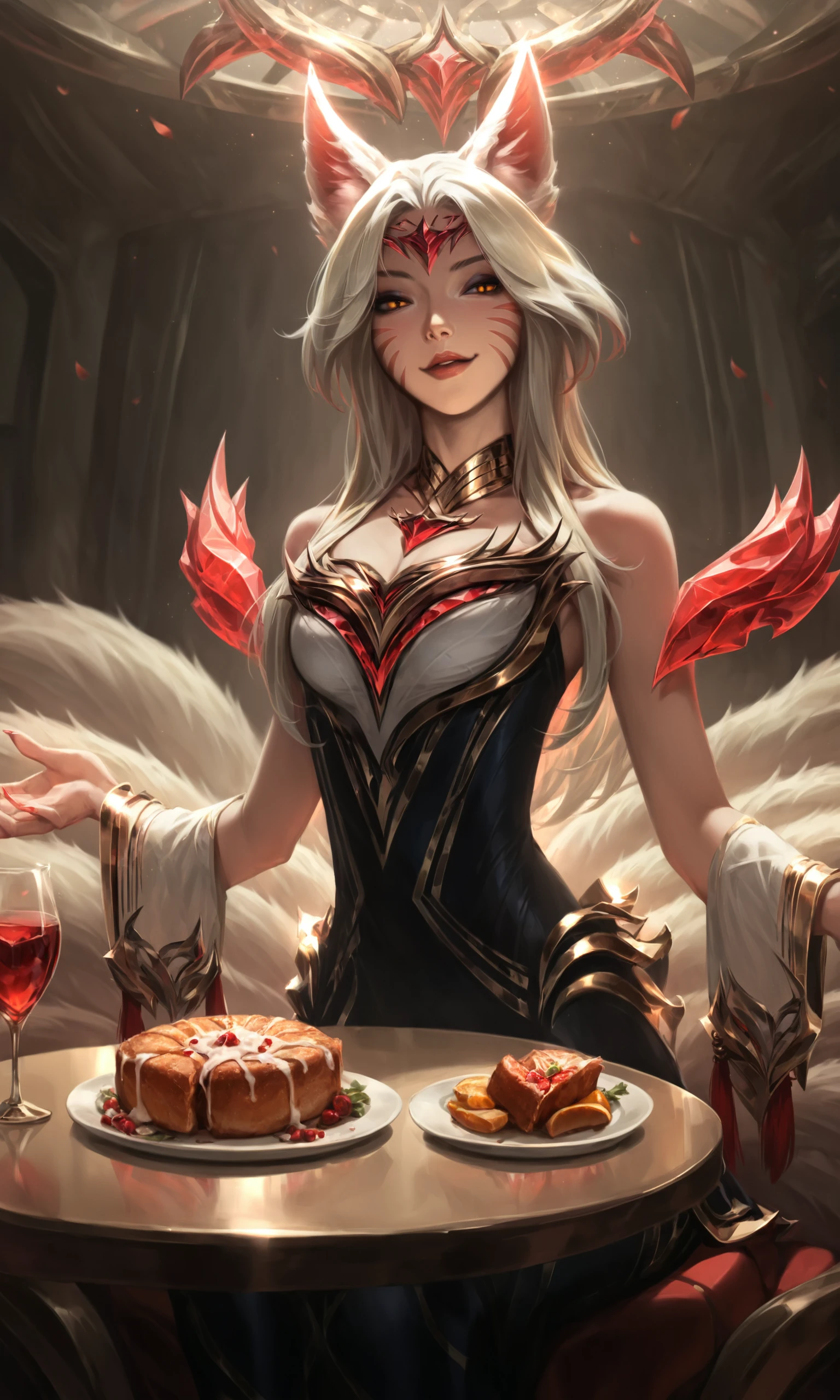 detailed girl face, score_9, score_8_up, score_7_up, score_6_up, score_5_up, score_4_up, immortalizedahri, ahri \(league of legends\), 1girl, solo, smug, in a cafe, sitting, natural light, looking at viewr, table, food, plates, buisness woman, elegant dress, night, busy day, stretched hand, confidant, detailed face