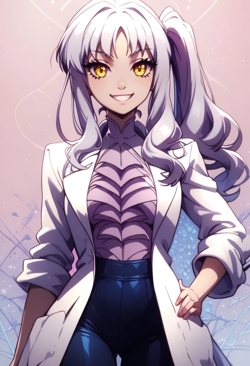 score_9, score_8_up, score_8, big breasts, (curvy), cute, eyelashes, 
BREAK, 
zzcaren, long hair, yellow eyes, white hair, sidelocks,  white labcoat, side ponytail, 
cowboy shot, smile, hand on hip, wide hips, 
BREAK, 
zPDXL, Expressiveh p4st3lg0r3