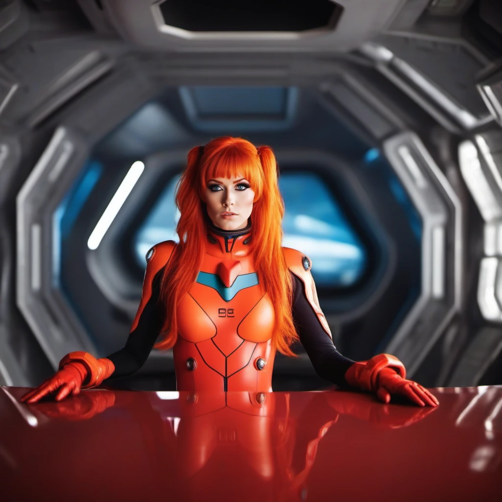 cinematic photo a full body woman, red plugsuit, blue eyes, orange hair, in a spaceship  <lora:Asuka1024:0.8> . 35mm photograph, film, bokeh, professional, 4k, highly detailed