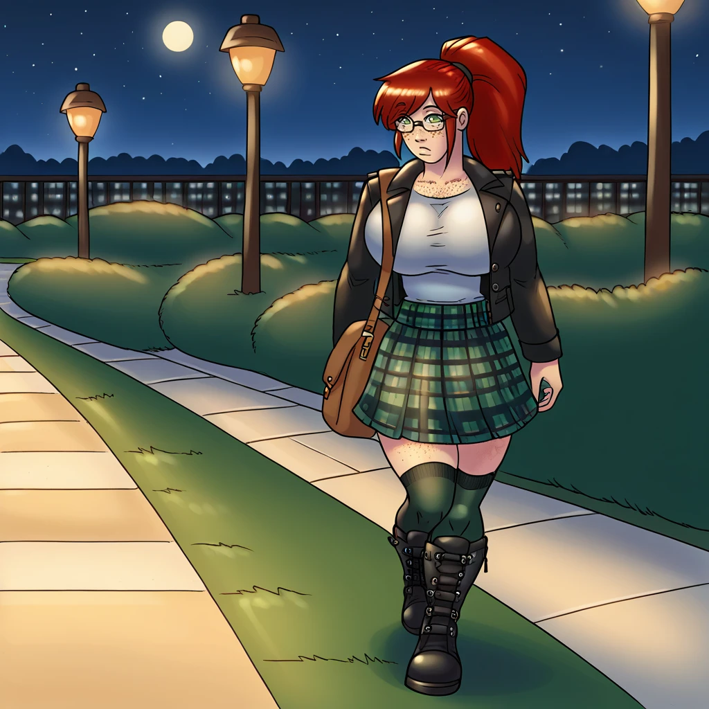 score_9,  woman, solo,  <lora:Gideons_Corral_Artstyle_-_PonyXL:0.9> gideonscorral,  <lora:Bandi_XL:0.75> bandi, red hair, glasses, freckles, ponytail, side bangs, side_locks, sidelocks, green eyes, large breasts, tartan skirt, jacket, shirt, shoulder bag, boots, long black socks, thighhighs, walking in the park at night,