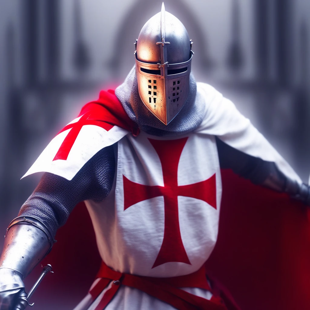 score_9, templar, knight, helmet, armor, blurry background, cross, gauntlets, blurry, cape, holding, upper body, solo, raising sword, battle, motion, shallow depth of field, bokeh, wallpaper, red cross templar logo