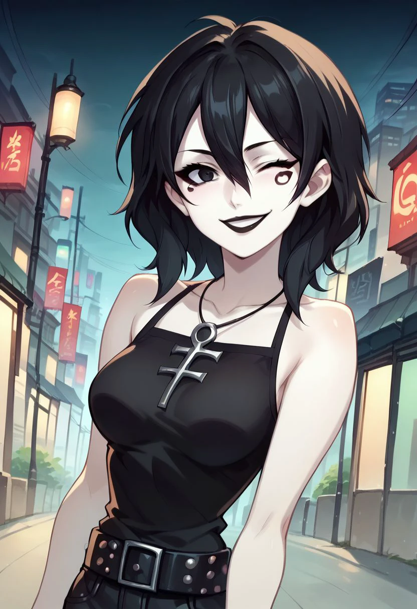 D_endless, anime screencap, 1girl, black eyes, black hair, medium hair, hair between eyes, pale skin, white body, medium breasts, facial mark, ankh necklace, black top, bare shoulders, studded belt, black pants, looking at viewer, black lips, goth, night, smile, one eye closed, skyscraper,, score_9, score_8_up, score_7_up, score_6_up, score_5_up, score_4_up, ponypositive