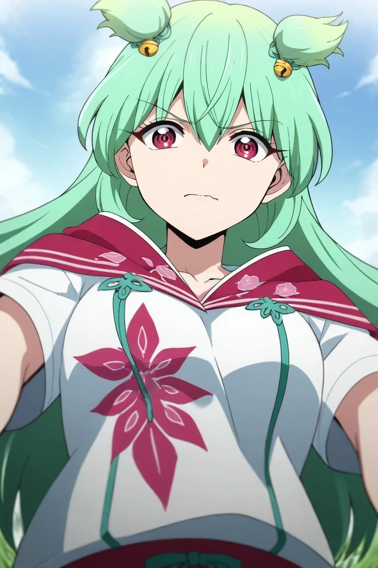 score_9, score_8_up, score_7_up, source_anime, rating_safe, intricate details, , looking at viewer, depth of field, 1girl, solo, <lora:tsugumi_hattori_pony:0.86>, tsugumi_hattori, green hair, pink eyes, long hair, bangs, hair between eyes, , from below, grass, dark, dynamic pose, wavy mouth, , <lora:sdxl_lightning_8step_lora:1>
