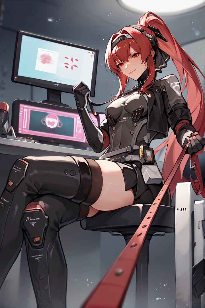 source_anime, score_9, score_8_up, score_7_up, veragarnet, 1girl, solo, red hair, ponytail, very long hair, red eyes, black cropped jacket, black dress, black hairband, headgear, black ribbon, elbow gloves, black gloves, multiple belts, black thighhighs, thigh boots, sitting, smirk, computer, monitors, science fiction, circuits, from below, lholding leash, leash pull, pov, skindentation, dog
<lora:vera-step00001400(1):1>