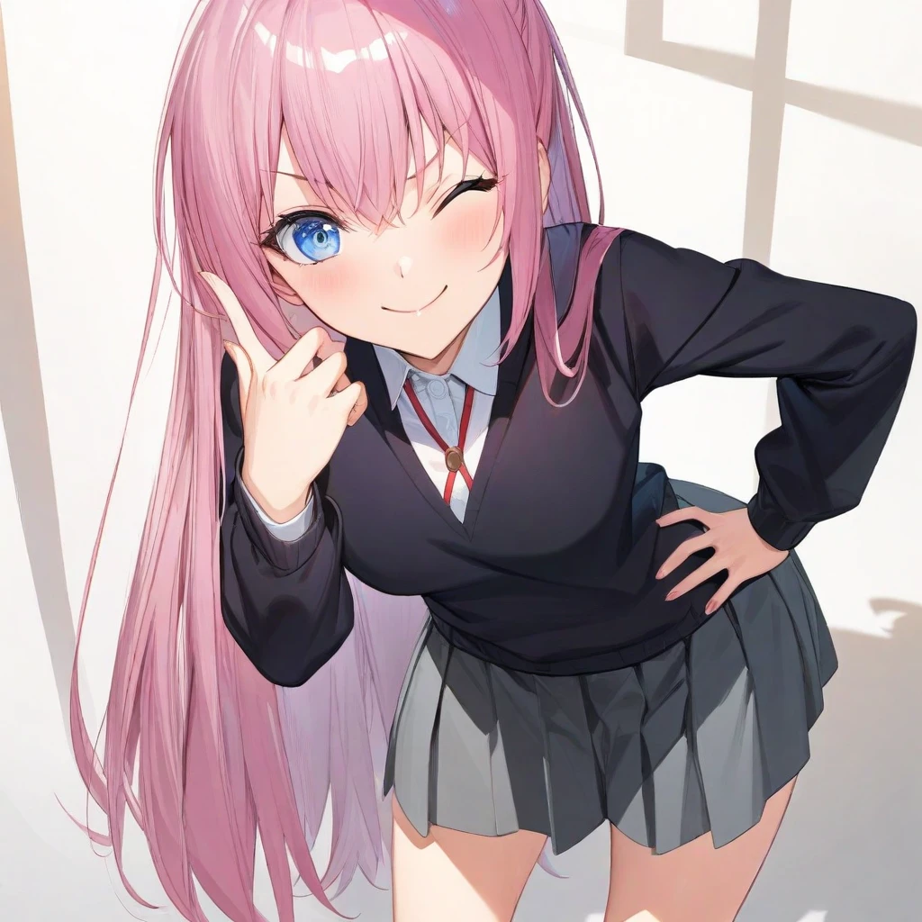 (masterpiece),(best quality),(ultra-detailed),(best illustration),(best shadow),(absurdres),(detailed background),(very aesthetic), shikimori, 1girl, one eye closed, pink hair, solo, blue eyes, long hair, skirt, smile, school uniform, grey skirt, looking at viewer, white background, hand on hip, leaning forward, simple background, shirt <lora:shikimori:1>