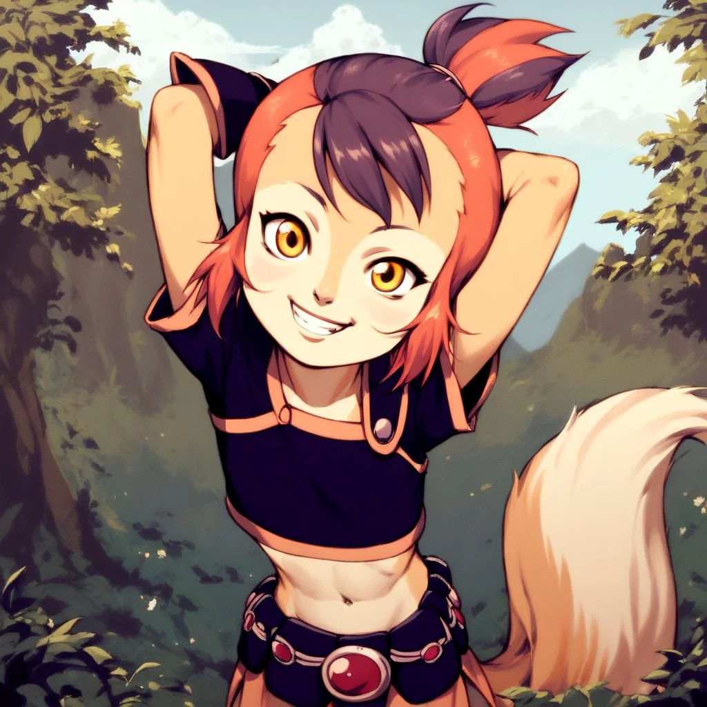 score_9, score_8, score_7, female child, wilykit, multicolored hair,yellow eyes, midriff, tail, outdoors, hands behind head, smile