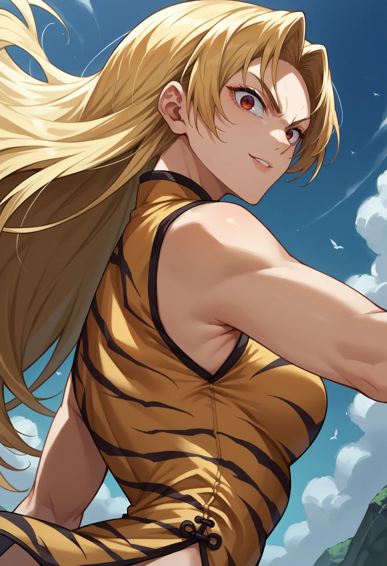 score_9, score_8_up,score_7_up, source_anime,1girl, solo, <lora:EPjjkTsukumoYuki:1>, EPjjkTsukumoYuki, long hair, blonde hair, red eyes, parted bangs, china dress, tiger print, from side, blue sky, smile, looking at viewer, fighting stance, from below, serious,