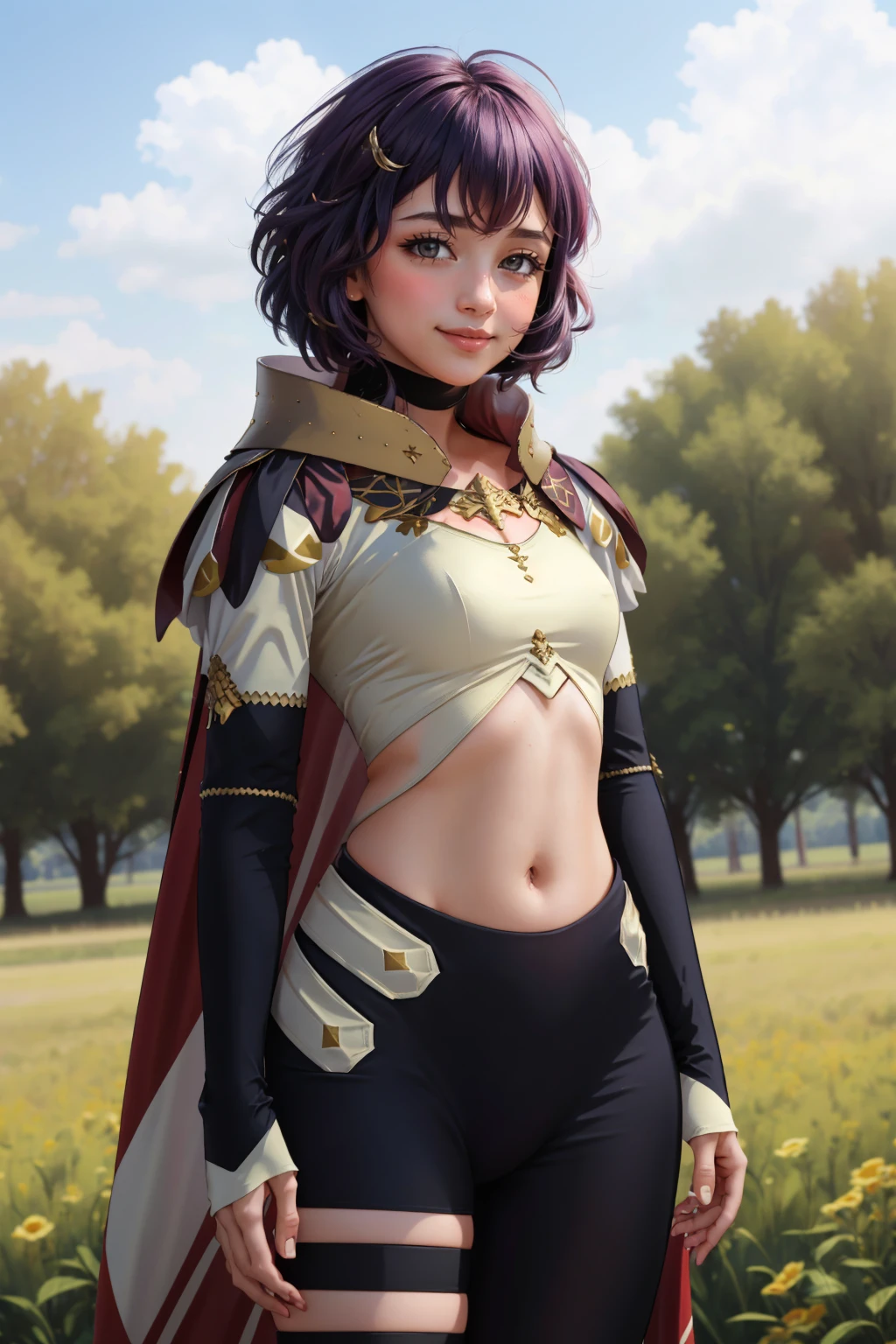 best quality, 1girl, cowboy shot, looking at viewer, smile, closed mouth, blush, <lora:bernadetta-nvwls-v2:0.7> defBernie, <lora:SageOutfitFE17:0.9> fe17sage, crop top, high collar, long sleeves, midriff, black pants, asymmetrical legwear, clothing cutout, cape, outdoors, field