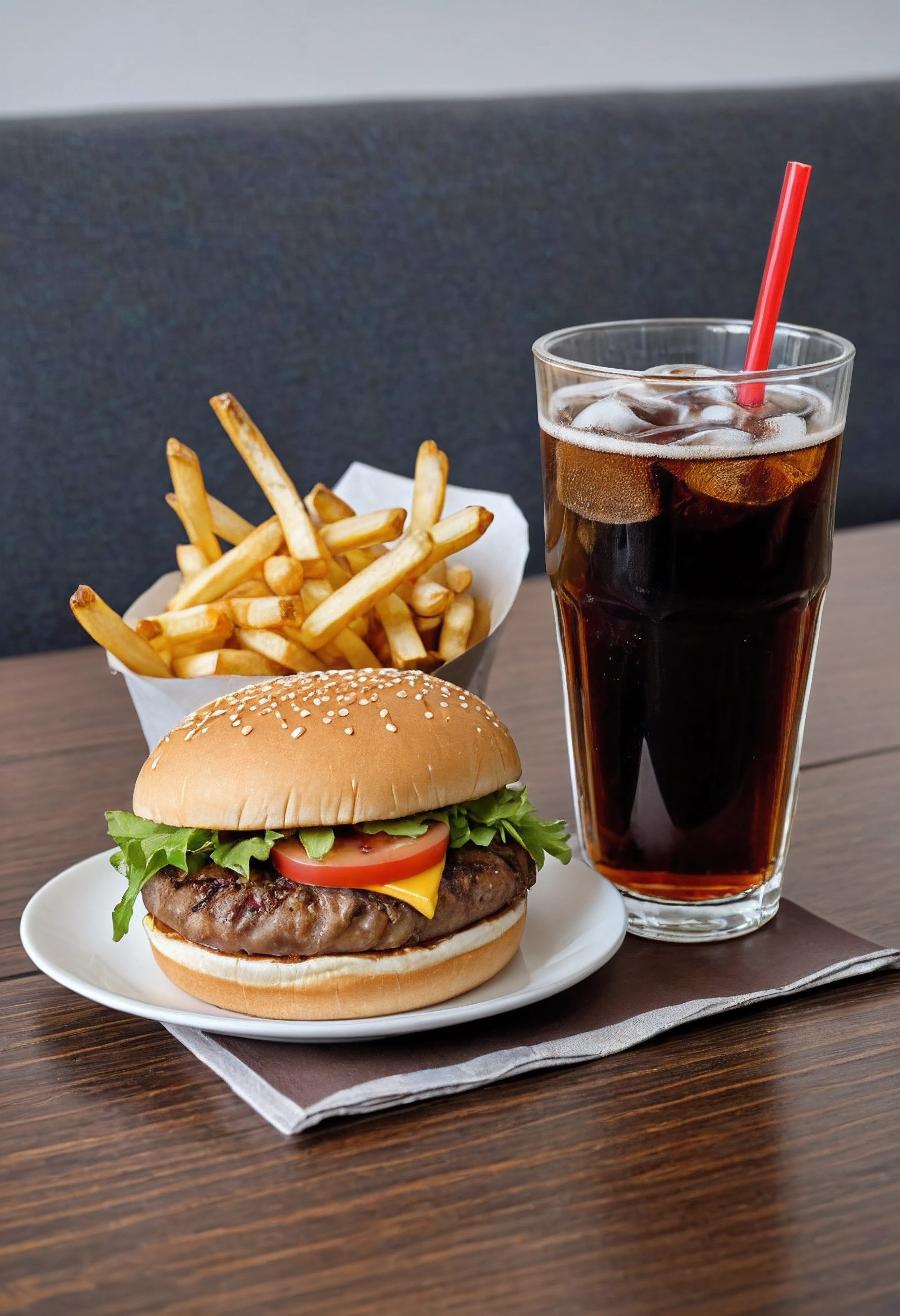 burger, fries, glass of cola, on a table