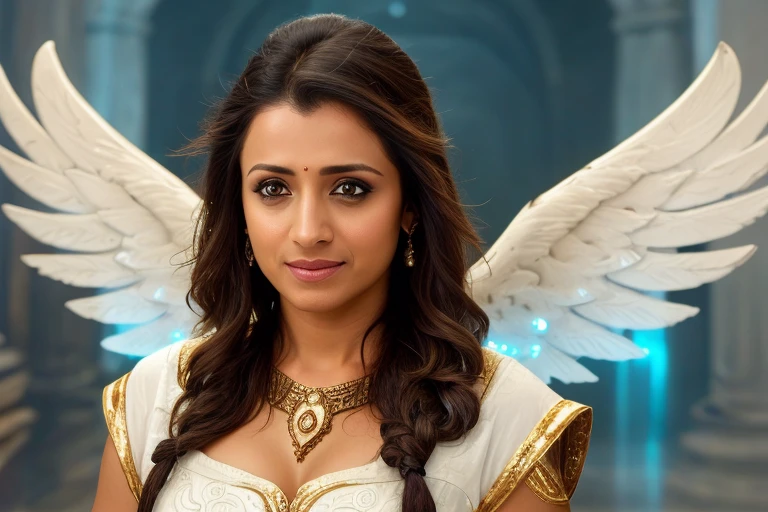 highly detailed image of trisha, beautiful hair, <lora:trisha_super_v1:.7>   <lora:OrokinTech:.9>orokintech , angel wings