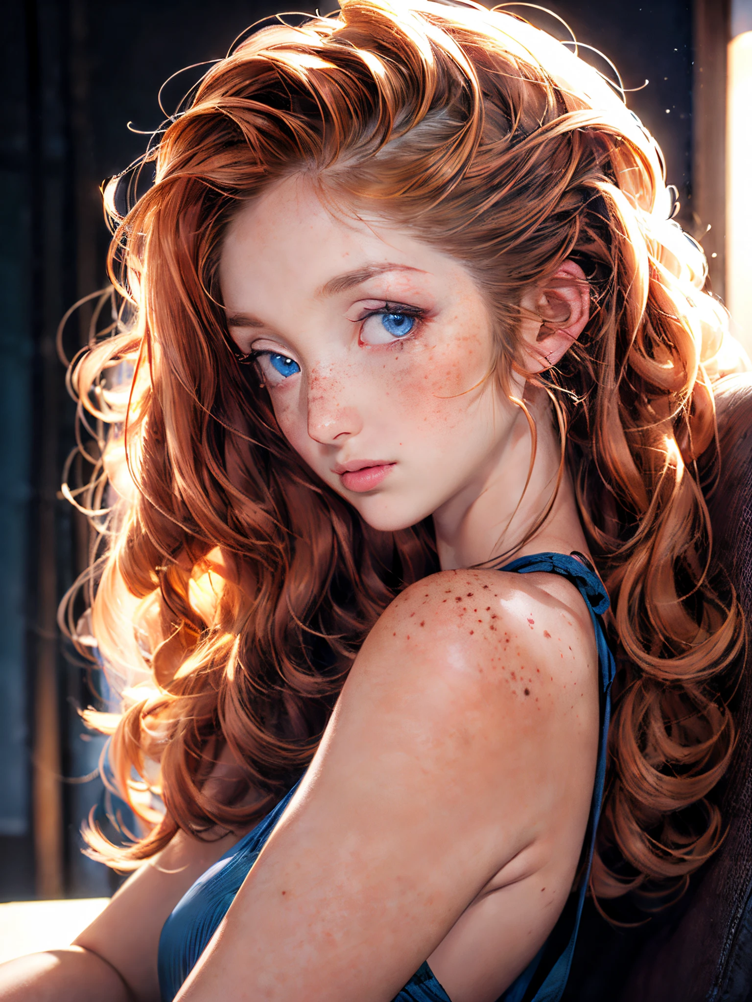 redfox,redhead, female,natural blonde hair,blue eyes,pale skin,(a beautiful  european woman),(relaxed face),upper body view showing her face ,Photograph of (view from front:1),(Deep Focus),silhouette,an analog photo,contrast,spotlight,warm colors,dark background,remarkable color,backlit,<lora:more_details:1>, wearing luxury dress<lora:Redfox_V2_13062024:1>, freckles, curly hair