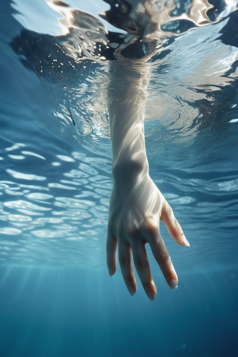 close-up image of hands submerged underwater, pale skin tones, clear ripples and reflections, cool color palette with blues and whites, high-contrast lighting, young adult, realism photograph, inspired by zena holloway, best quality