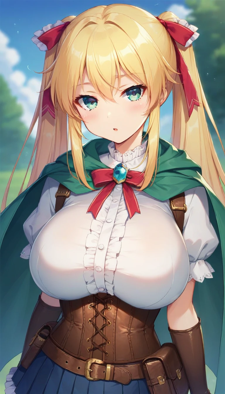 score_9,score_8_up,score_7_up,score_6_up,official art,solo,outdoors,upper body,(portrait:1.5),looking at viewer,facing viewer,Kubel,very long hair,blonde hair,twintails,hair ribbon,red ribbon,sidelocks,hair between eyes,bangs,aqua eyes,green cape,white shirt,frilled shirt,blouse,jewelry,brooch,neck ribbon,black ribbon,brown corset,puffy short sleeves,elbow gloves,brown gloves,large breasts,underbust,brown belt,buckle,pouch,miniskirt,blue skirt,pleated skirt,frilled skirt,zettai ryouiki,black thighhighs,cross-laced footwear,brown footwear,<lora:Kubel(kk)-Pony:1.3>,<lora:Smooth Anime Style LoRA XL>,