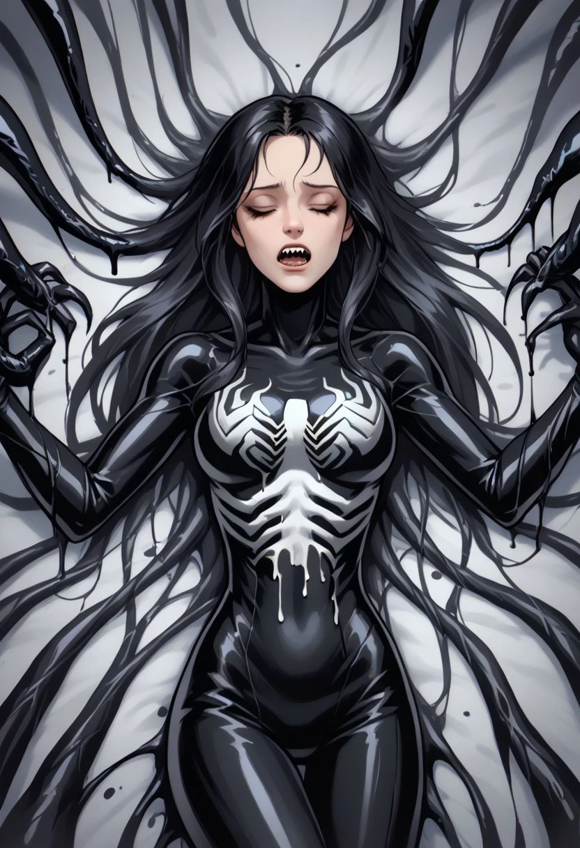 kaoselement style, 1girl, solo, open mouth, black hair, lying, closed eyes, on back, long hair, science fiction, black bodysuit, sharp teeth, tentacles, black liquid, VENOM (villain), alien, chaos, panic, disorder, my job is done here, chaotic, chaos bean BREAK zPDXL2