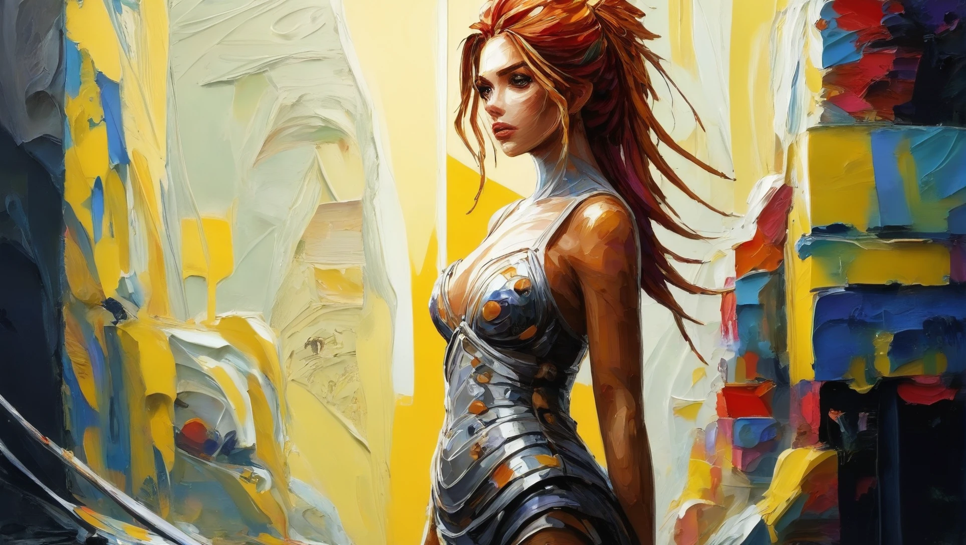 <lora:EnvyStarlightThickPaletteKnife01:1.25@0,1.25@.24,1.6@.25:hr=2.5>oil painting, (shiny globby viscous palette knife on canvas:2.5), bump mapping, lusty space fantasy, anime style, anime style, BDSM girl, (full body:1.2), 1girl, woman, beautiful, solo, [:fantastical costume design,:0.2], warrior, bombshell hair, ginger hair, Shag Cut, athletic hourglass figure, japanese, temple in a Ominous,infinite shiny dark color:yellow scifi cloud arcology edge of reality, masterpiece, by Sean Sevestre
