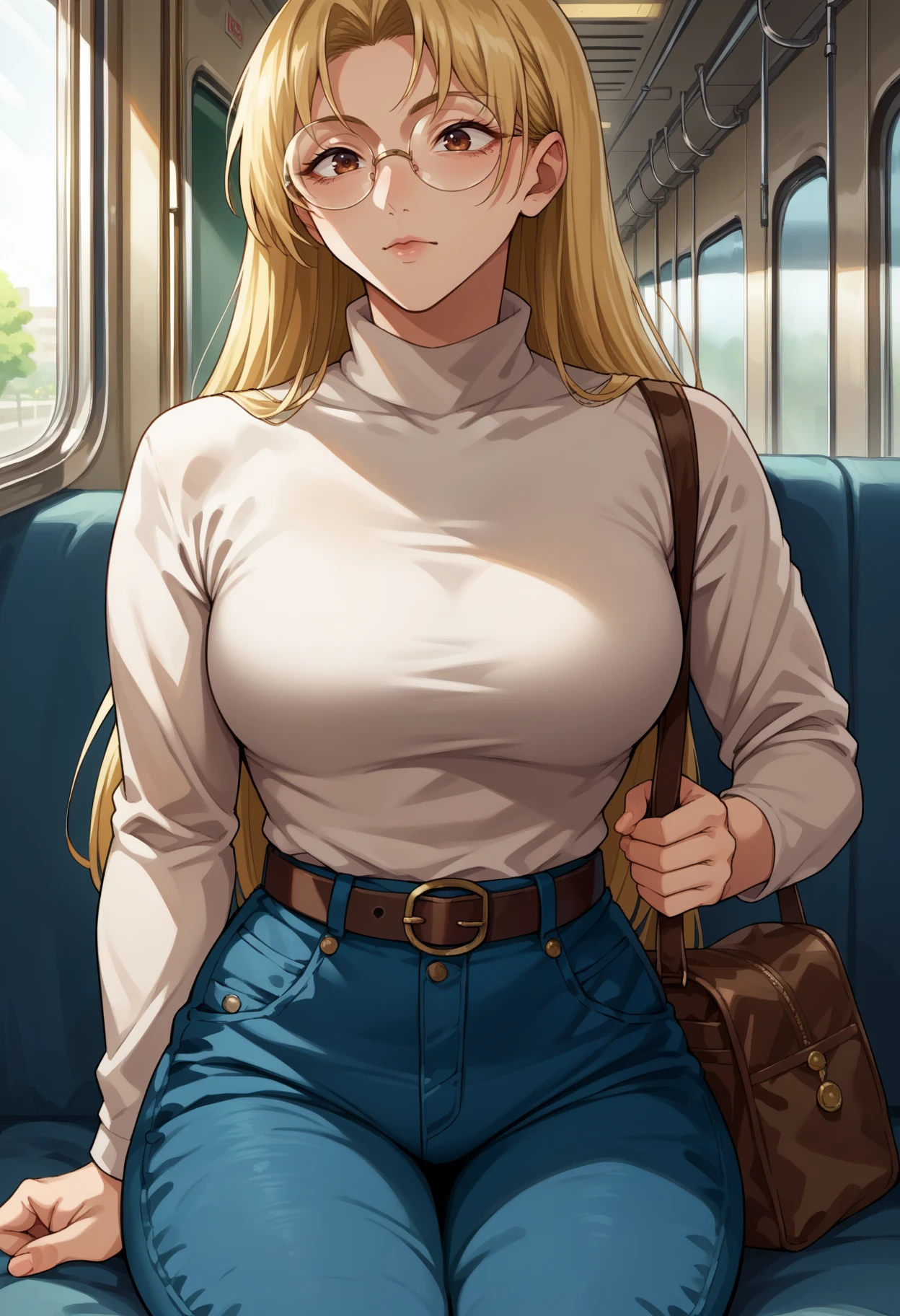 score_9, score_8_up,score_7_up, source_anime,1girl, solo, <lora:EPjjkTsukumoYuki:1>, EPjjkTsukumoYuki, long hair, blonde hair, brown eyes, parted bangs,  medium breasts, sweater,tight clothing,sitting,subway,looking at phone,high-waist jeans,bag,belt,round-frame glasses