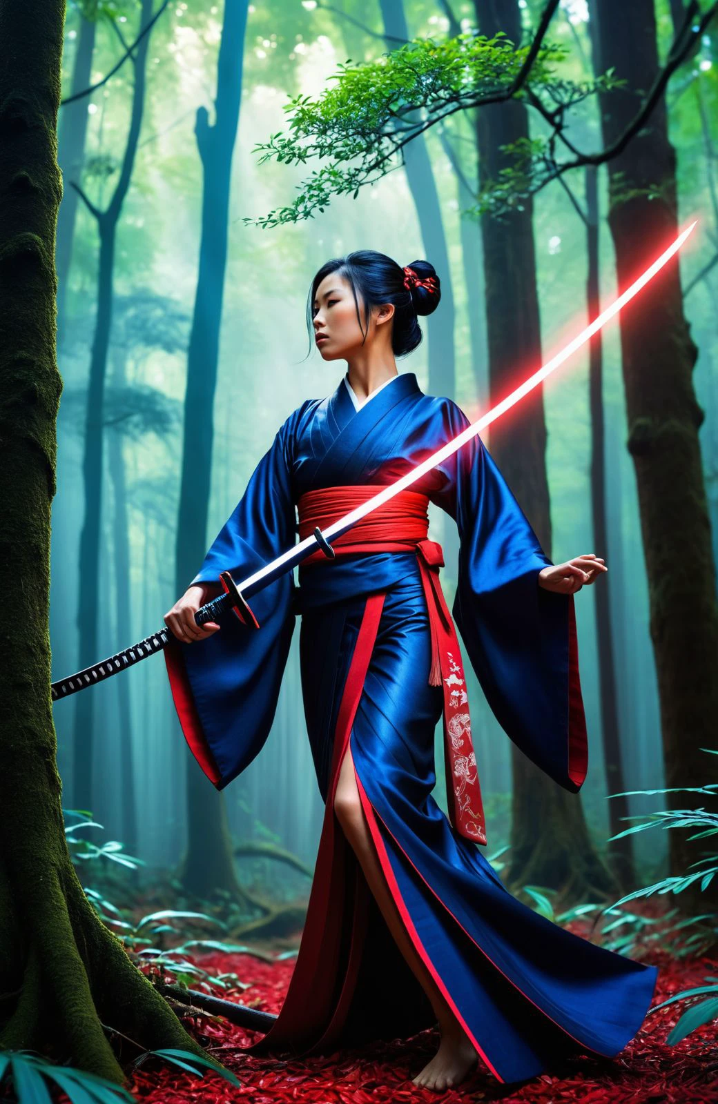 Enigmatic warrior in the heart of a magical forest. A resolute woman wields a crimson-glowing katana while clad in a formfitting, dark-blue kimono. Her black wings unfurl as she hovers gracefully overhead, exuding an air of danger and mystique. The scene is set within a lush, mystical landscape where reality melds with magic. Her focused expression reflects determination and vigilance, casting an otherworldly aura upon this captivating tableau.