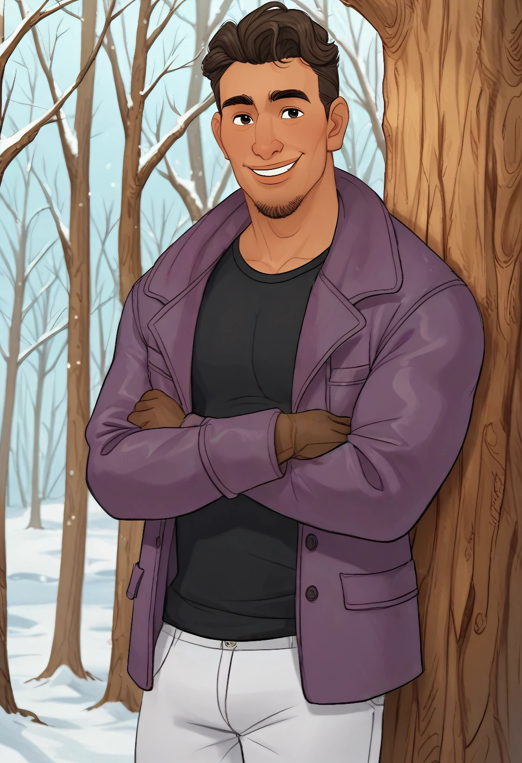 score_9_up score_8_up score_7_up,

((coralpablo, outfit winter)), flat colors,

male focus, mature male, solo, arms crossed, leaning back, against_tree, (((birch tree))), muscular,

goatee, purple jacket, black shirt, white pants, gloves, smiling, mouth closed,

snow, hills, forest,