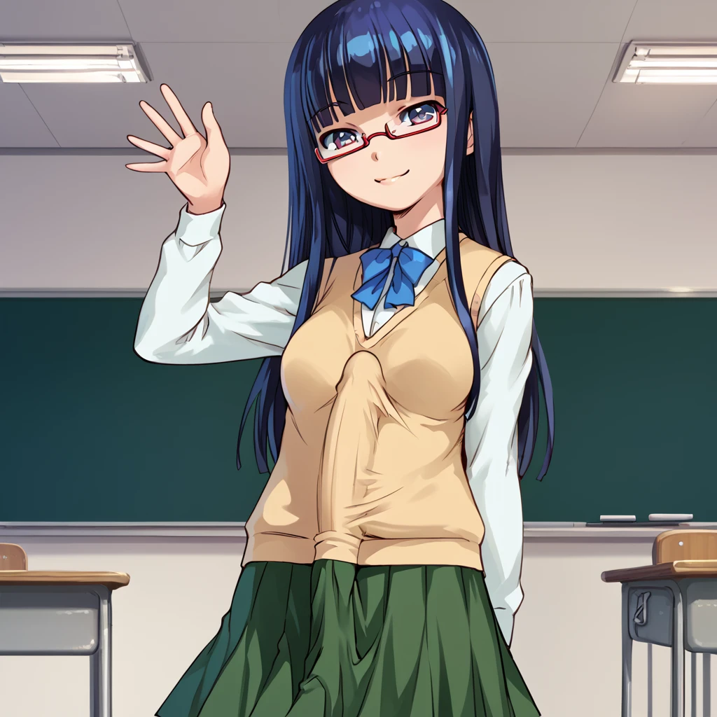 score_9, score_8, score_7, masterpiece, BREAK,
sumika_oohashi, solo, glasses, sweatervest, white shirt, green skirt, blue bow tie, 
futa, futanari, ereciton under sweatervest,  erection under clothes classroom, standing,  waving, 
 <lora:Sumika_oohashi_low_DIM:1>