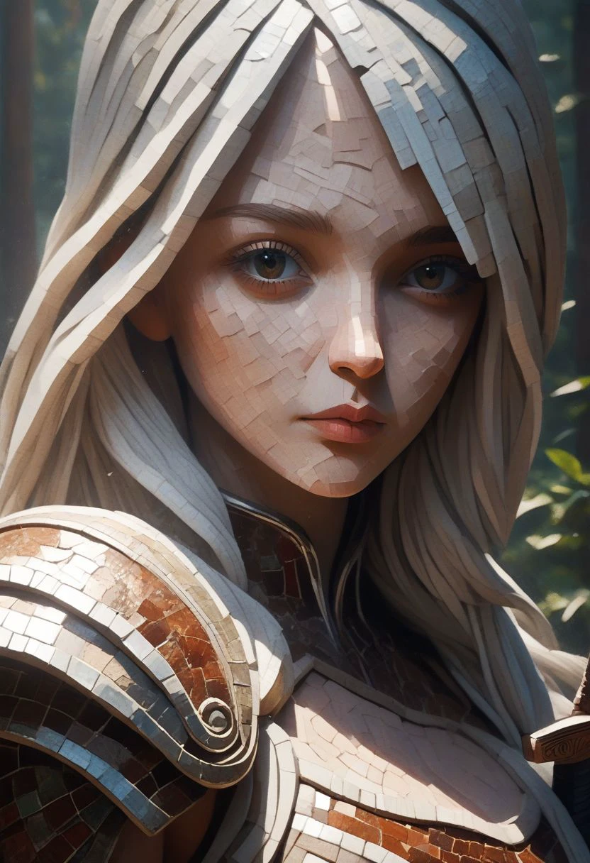 score_9, score_8_up, score_7_up, score_6_up, 1girl, beautiful, white hair, long hair, bangs, fair skin, big breasts, leather armor, sword, forest, dappled sunlight, upper body, looking at viewer, mosaic art, mosaic_style,