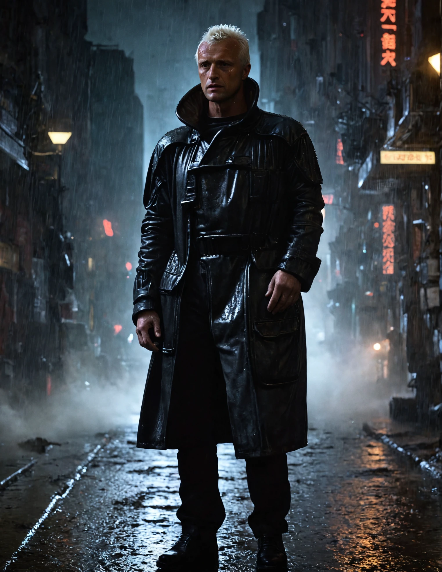 a photo of roy batty man wearing black jacket, in front of a cityscape,raining, illuminated by a multitude of lights, The city is densely packed with buildings, some of which are tall and slender, while others are shorter and wider, The sky is dark, with a few clouds scattered across it, The overall atmosphere is one of a futuristic metropolis, possibly inspired by the Blade Runner series,