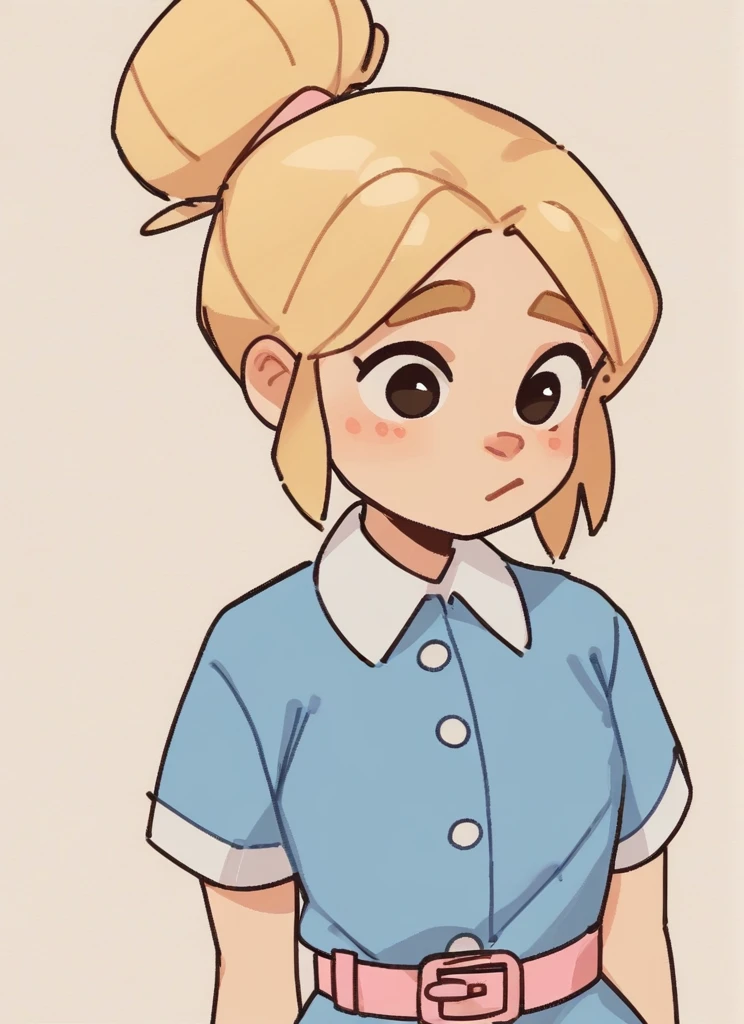 score_9, score_8_up, score_7_up, <lora:bspiper:1>bspiper , 1 girl blonde hair ,hair bun ,blue dress , ,pink belt ,upper body, ,short sleeves,short dress, <lora:Yagi_the_Goat_Style:1>