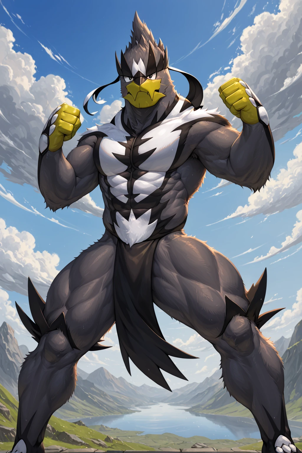 high quality, masterpiece,digital media \(artwork\), detailed fur, detailed face,
BREAK
<lora:urshifuxl-09:1>, urshifu, looking at viewer, looking at viewer, 1boy, closed mouth, standing, thighs, outdoors, sky, day, cloud, abs, legs apart, fighting stance