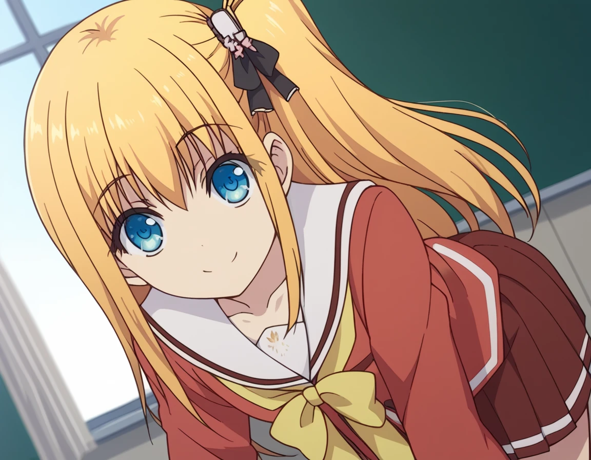 score_9, score_8_up, score_7_up, source_anime,
yusakurobane, <lora:yusa-kurobane-s1-ponyxl-lora-nochekaiser:1>,
yusa kurobane, long hair, blue eyes, blonde hair, hair ornament, ribbon, hair ribbon, one side up, side ponytail,
school uniform, serafuku, long sleeves, red blazer, red skirt, pleated skirt, white sailor collar,
indoors, classroom, bent over, smile,
looking at viewer, cowboy shot, solo, dutch angle,