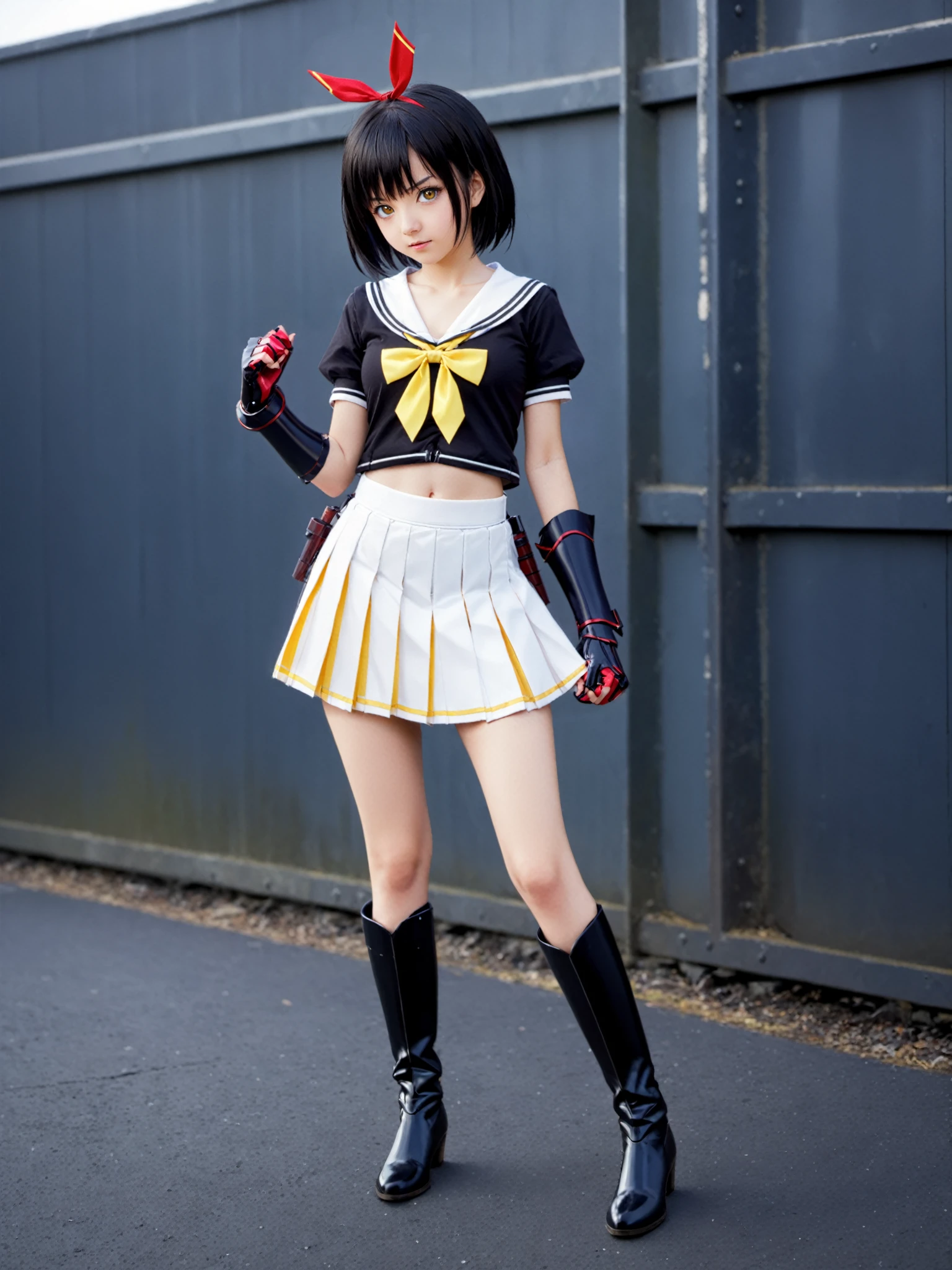 masterpiece, best quality,
break
realistic, raw photo of
<lora:kujounagisa.sdxl.v1:0.55> kujou nagisa, red ribbon, serafuku, yellow bowtie, black gauntlets, fingerless gloves, black footwear, armored boots, black hair,
white skirt,
solo, cowboy shot,