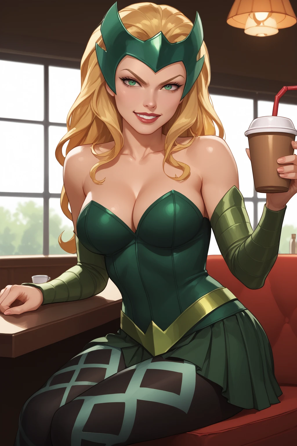 score_9, score_8_up, score_7_up, masterpiece, high quality, BREAK
 <lora:Amora the enchantressPonyLoRA:1>amoenchtress, long hair, headpiece, elbow gloves, bustier,  shoulders, cleavage, belt, skirt, leggings, angry, smile, sitting in a cafe holding a cup of tea