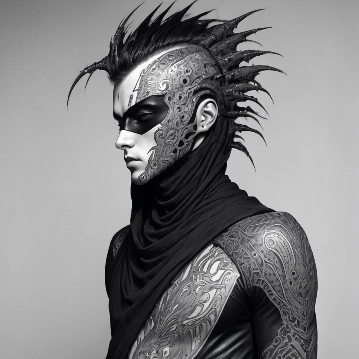 teen boy, 1boy, messy hair, black hair, white skin, detailed face, detailed skin, black mask on the lower part of the face, in the style of dune, Arrakis, criminal, marauders,
masterpiece, cybersigilism, (neotribal, metallic, bio, giger, tribal tattoo style, tattoo on the body, tattooed, tattoos, cyberpunk:1.3)