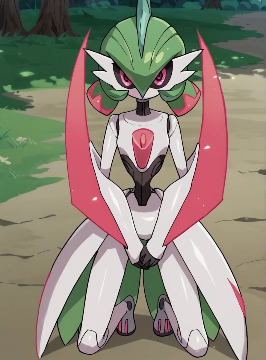 score_9, score_8_up, score_7_up,score_6_up, score_5_up, score_4_up, source_anime ,anime screencap,  <lora:IronValiant:0.8>ironvaliantsv, pokemon (creature), solo, green hair, standing, colored skin, white skin, pink eyes, arm blade, colored sclera,outdoors, kneeling, looking at viewer, own hands together,